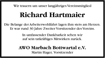 Traueranzeige von Richard Hartmaier von Marbacher Zeitung