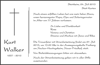 Traueranzeige von Kurt Walker von Marbacher Zeitung