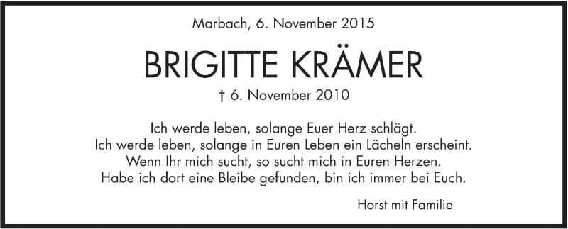  Traueranzeige für Brigitte Krämer vom 06.11.2015 aus Marbacher Zeitung