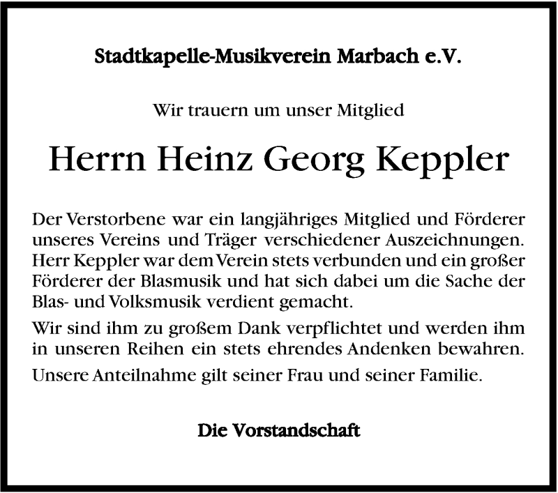  Traueranzeige für Heinz Georg Keppler vom 07.04.2015 aus Marbacher Zeitung