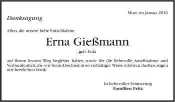 Traueranzeige von Erna Gießmann von Marbacher Zeitung