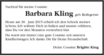 Traueranzeige von Barbara Kling von Marbacher Zeitung
