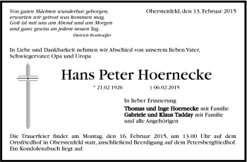 Traueranzeige von Hans Peter Hoernecke von Marbacher Zeitung