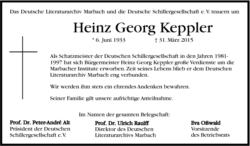  Traueranzeige für Heinz Georg Keppler vom 10.04.2015 aus Marbacher Zeitung