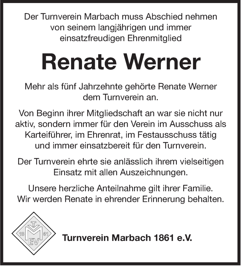  Traueranzeige für Renate Werner vom 23.07.2015 aus Marbacher Zeitung