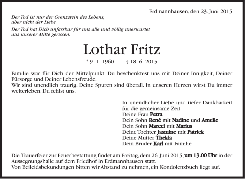  Traueranzeige für Lothar Fritz vom 23.06.2015 aus Marbacher Zeitung