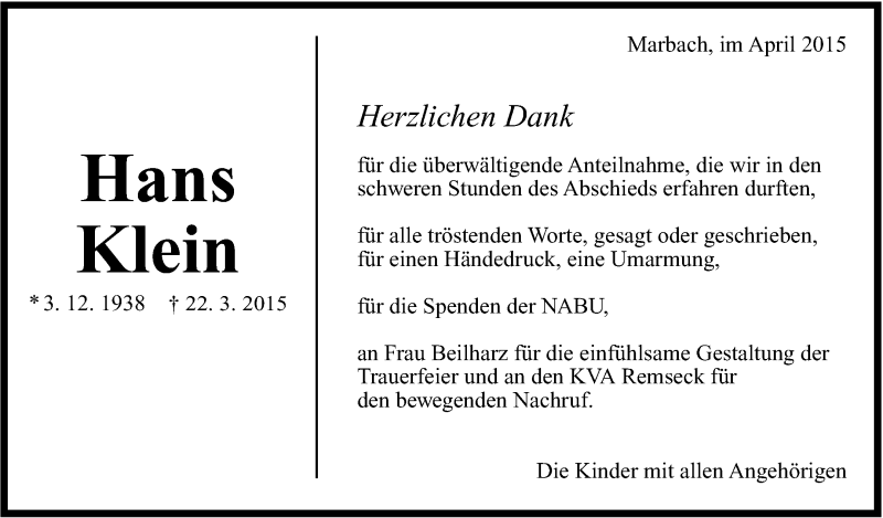  Traueranzeige für Hans Klein vom 25.04.2015 aus Marbacher Zeitung