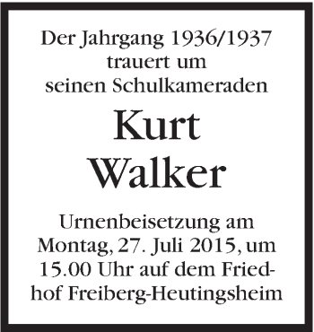 Traueranzeige von Kurt Walker von Marbacher Zeitung