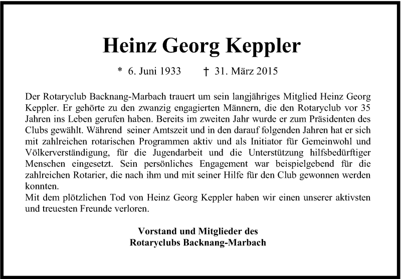  Traueranzeige für Heinz Georg Keppler vom 10.04.2015 aus Marbacher Zeitung
