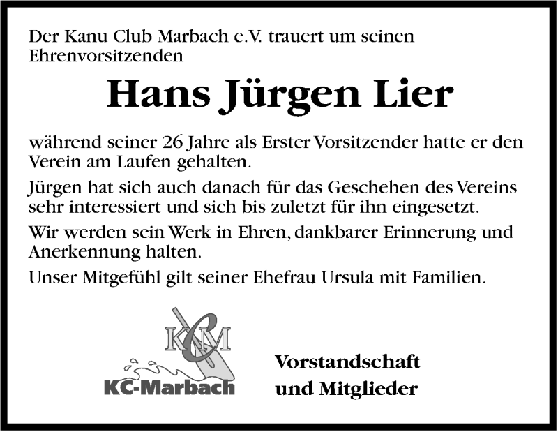  Traueranzeige für Hans Jürgen Lier vom 18.04.2015 aus Marbacher Zeitung
