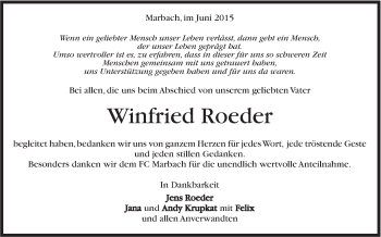 Traueranzeige von Winfried Röder von Marbacher Zeitung