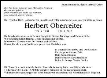 Traueranzeige von Herbert Oberreiter von Marbacher Zeitung