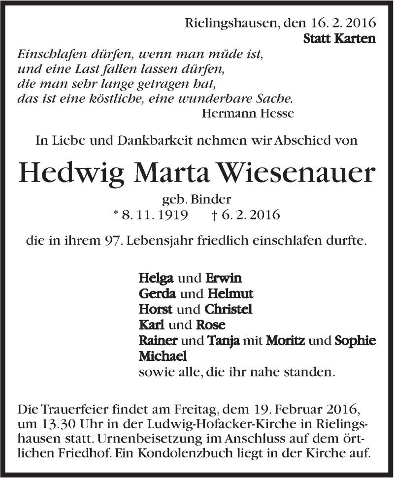  Traueranzeige für Hedwig Marta Wiesenauer vom 16.02.2016 aus Marbacher Zeitung