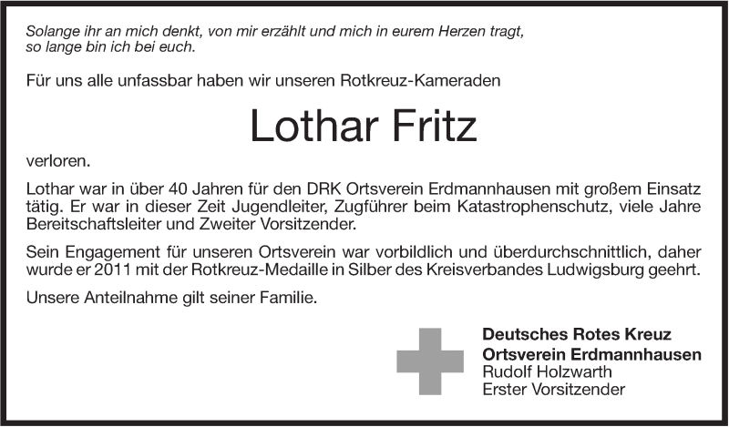  Traueranzeige für Lothar Fritz vom 25.06.2015 aus Marbacher Zeitung