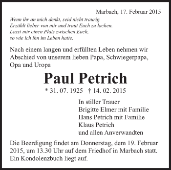 Traueranzeige von Paul Petrich von Marbacher Zeitung
