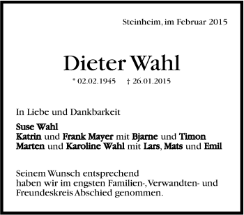 Traueranzeige von Dieter Wahl von Marbacher Zeitung