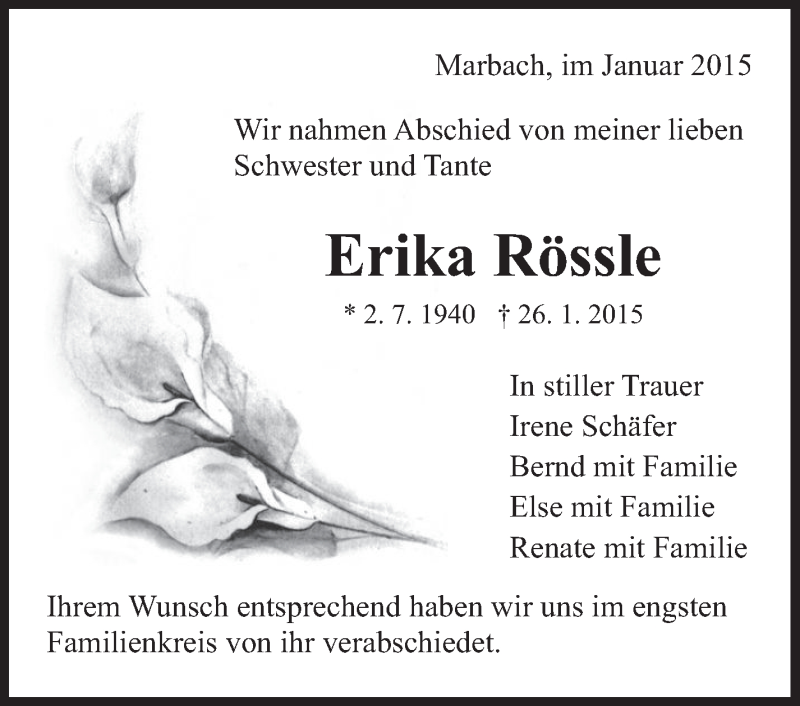 Traueranzeige für Erika Rössle vom 06.02.2015 aus Marbacher Zeitung