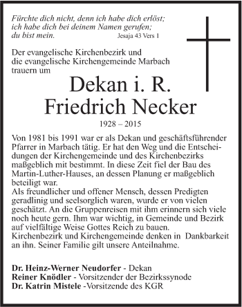 Traueranzeige von Friedrich Necker von Marbacher Zeitung
