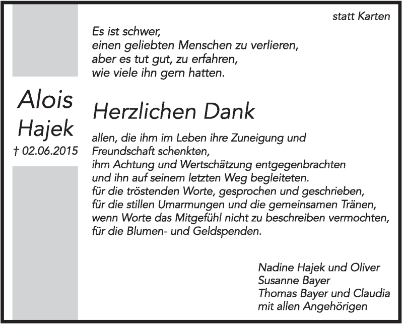  Traueranzeige für Alois Hajek vom 04.07.2015 aus Marbacher Zeitung