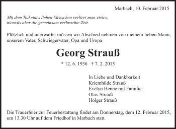 Traueranzeige von Georg Strauß von Marbacher Zeitung