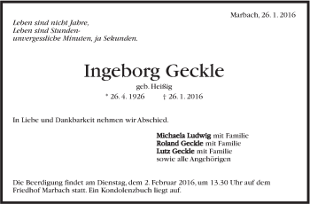 Traueranzeige von Ingeborg Geckle von Marbacher Zeitung