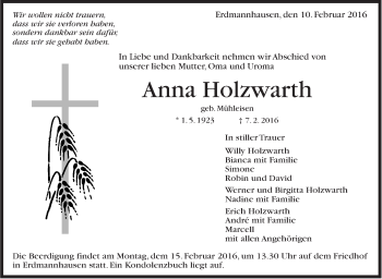 Traueranzeige von Anna Holzwarth von Marbacher Zeitung