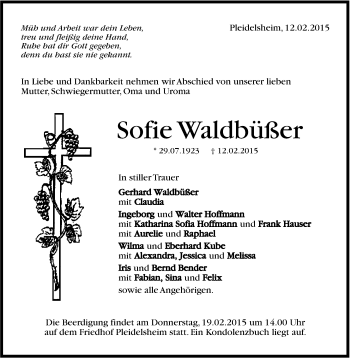 Traueranzeige von Sofie Waldbüßer von Marbacher Zeitung