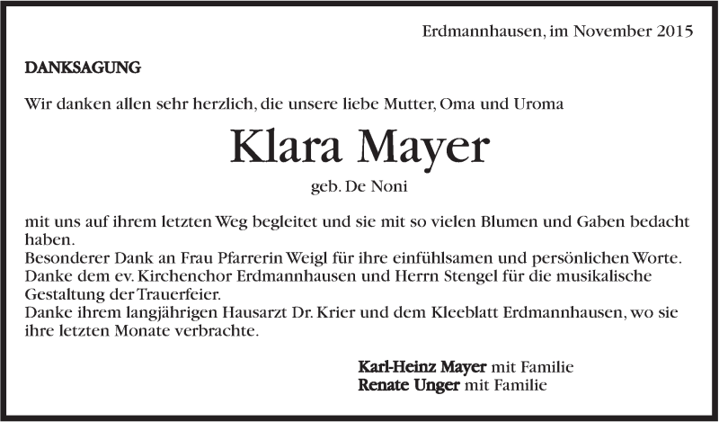  Traueranzeige für Klara Mayer vom 28.11.2015 aus Marbacher Zeitung