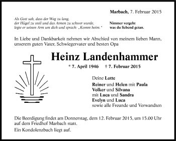 Traueranzeige von Heinz Landenhammer von Marbacher Zeitung