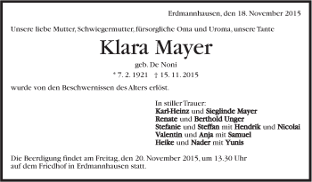 Traueranzeige von  Klara Mayer  von Marbacher Zeitung