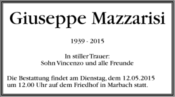 Traueranzeige von Guiseppe Mazzaris von Marbacher Zeitung