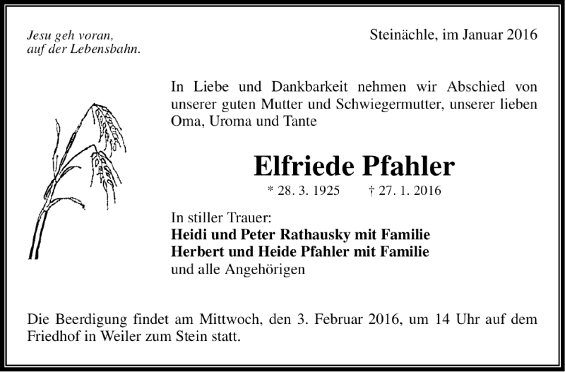  Traueranzeige für Elfriede Pfahler vom 30.01.2016 aus Marbacher Zeitung