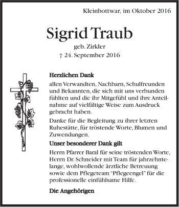 Traueranzeige von Sigrid Traub von Marbacher Zeitung