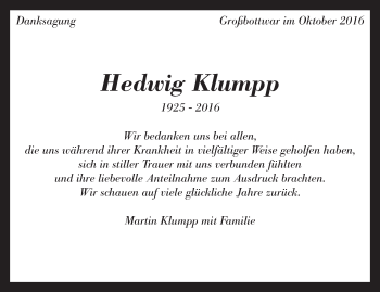 Traueranzeige von Hedwig Klumpp von Marbacher Zeitung