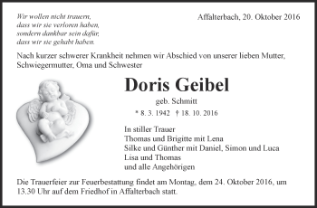 Traueranzeige von Doris Geibel von Marbacher Zeitung