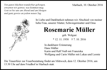 Traueranzeige von Rosemarie Müller von Marbacher Zeitung