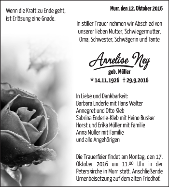 Traueranzeige von Annelise Ney von Marbacher Zeitung