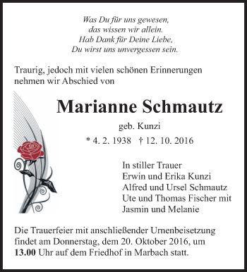 Traueranzeige von Marianne Schmautz von Marbacher Zeitung