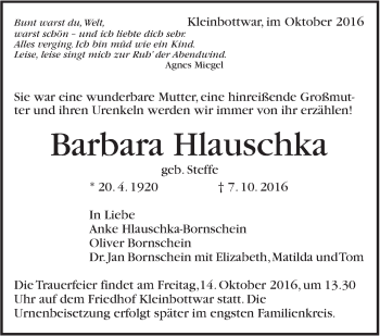 Traueranzeige von Barbara Hlauschka von Marbacher Zeitung