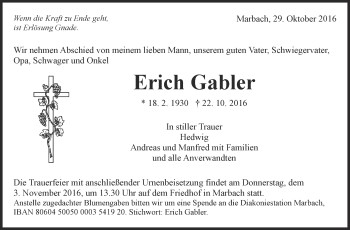 Traueranzeige von Erich Gabler von Marbacher Zeitung