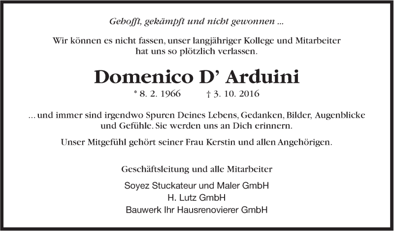  Traueranzeige für Domenico D'Arduini vom 06.10.2016 aus Marbacher Zeitung
