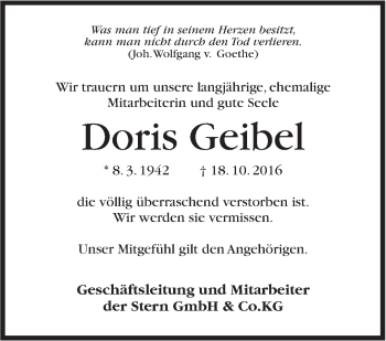 Traueranzeige von Doris Geibel von Marbacher Zeitung