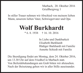 Traueranzeige von Wolf Burkhardt von Marbacher Zeitung