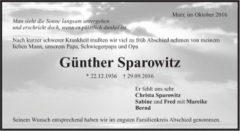 Traueranzeige von Günther Sparowitz von Marbacher Zeitung