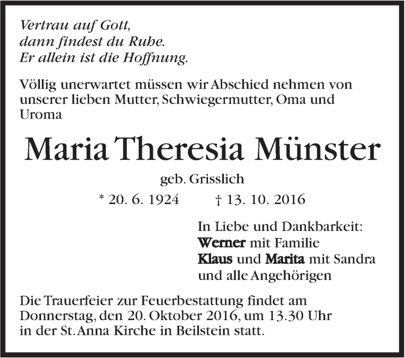  Traueranzeige für Maria Theresia Münster vom 18.10.2016 aus Marbacher Zeitung