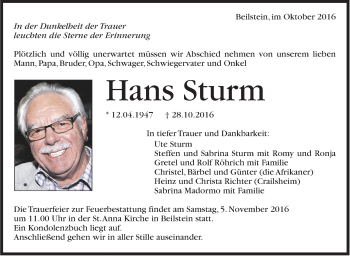Traueranzeige von Hans Sturm von Marbacher Zeitung