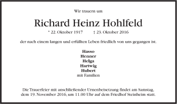 Traueranzeige von Richard Heinz Hohlfeld von Marbacher Zeitung
