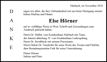 Traueranzeige von Else Hörner von Marbacher Zeitung