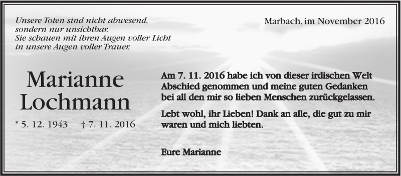 Traueranzeige für Marianne Lochmann vom 19.11.2016 aus Marbacher Zeitung
