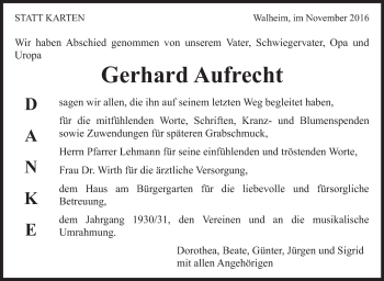Traueranzeige von Gerhard Aufrecht von Marbacher Zeitung